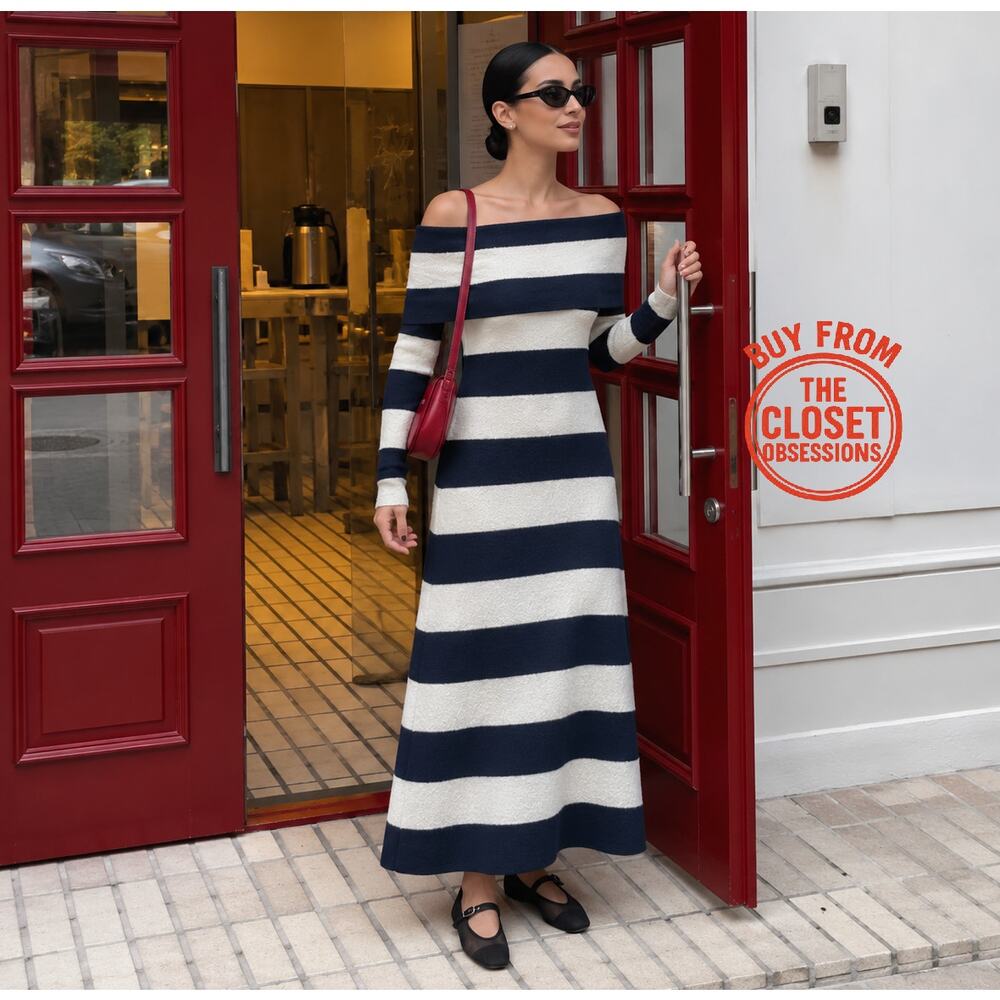 ZARA Striped Knit Off Shoulder Midi Dress NWT Size M - Picture 3 of 16